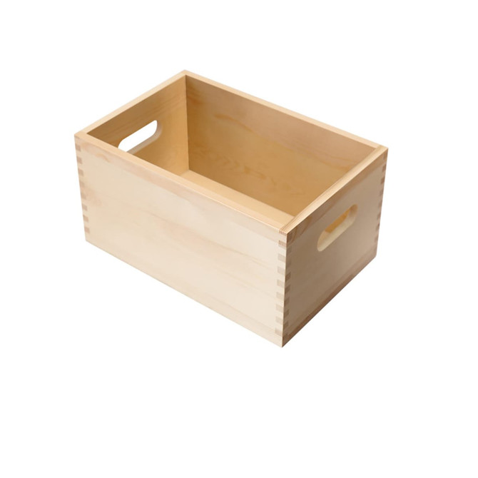 A medium wooden storage box in a light natural finish with side handles for easy carrying.