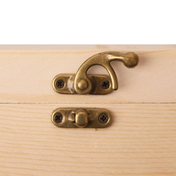 A wooden box with a brass latch, designed for holding two bottles. The wood is light in colour.