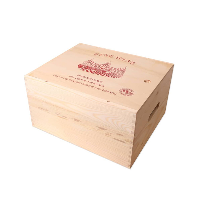 A wooden wine box in natural timber finish with a decorative design on the lid, featuring a logo.