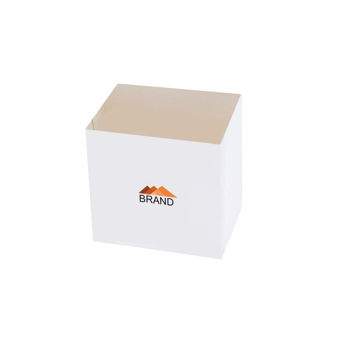 A white packaging sleeve with an open top and a logo printed in black and orange.