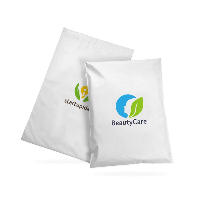Two medium-sized biodegradable mailer bags in white, featuring logos on the front.