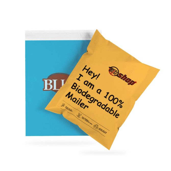A large yellow biodegradable mailer bag displayed next to a blue envelope bag, featuring a logo.
