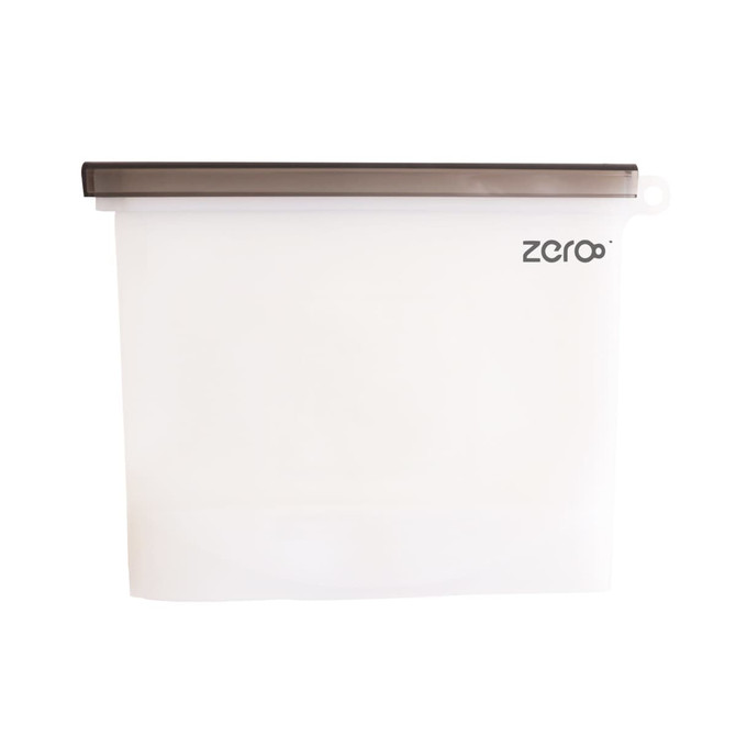 A silicone reusable storage pouch in clear with a brown seal, featuring a logo. Holds 1500ML.