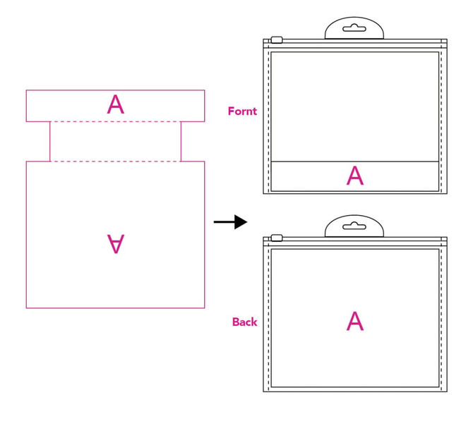 A toiletry bag design template featuring front and back views, with details for construction. It includes a hanging loop.