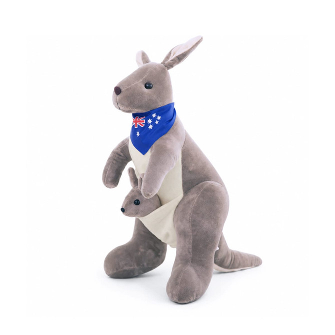 A plush kangaroo toy in grey with a baby kangaroo and a blue bandana featuring an Australian flag.