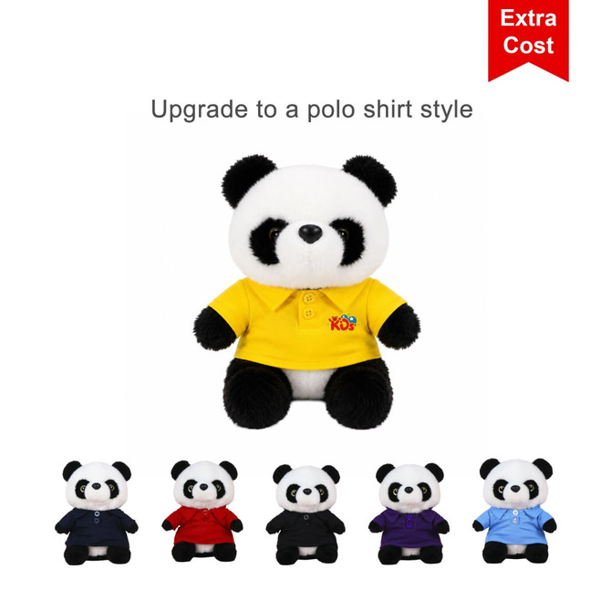 A plush toy panda with black and white fur, wearing a bright yellow polo shirt, surrounded by other panda plush toys in various colours.