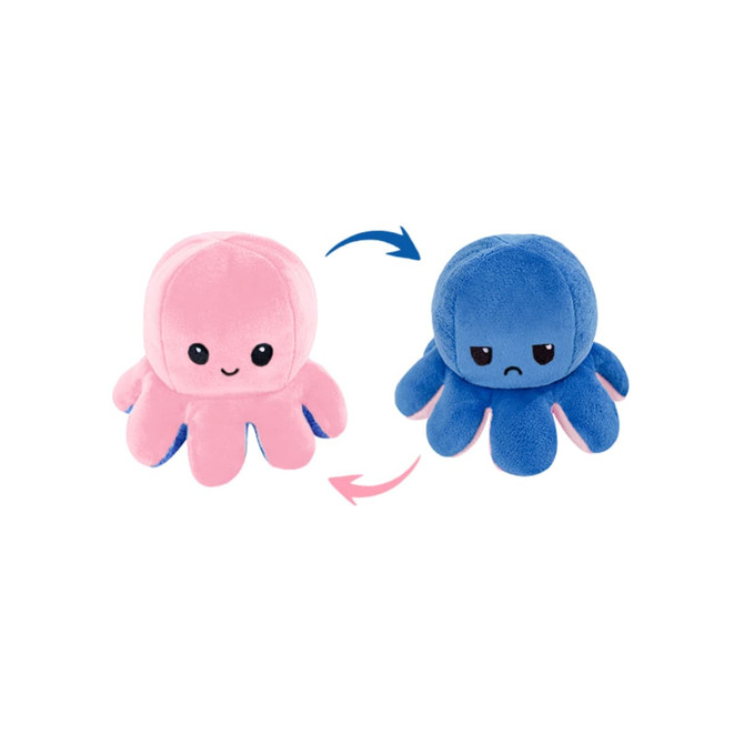 A large reversible octopus plush toy featuring pink on one side and blue on the other, with different facial expressions.