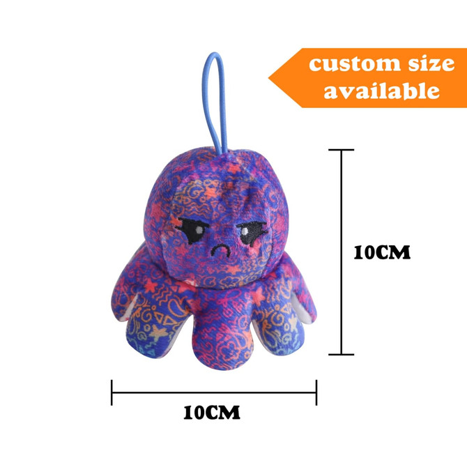 A small, reversible purple octopus plush toy with a sad face. It has a loop for hanging and features a whimsical design.