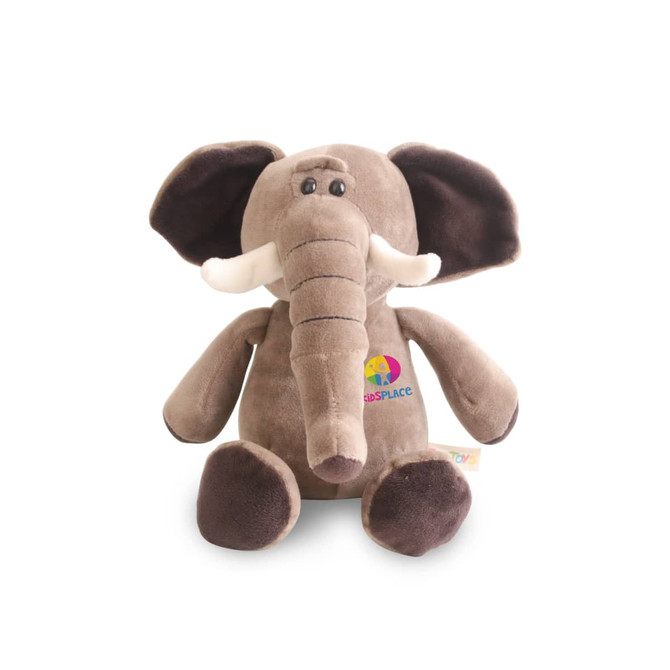 A brown elephant plush toy with large ears and a friendly expression, featuring a small logo on its torso.