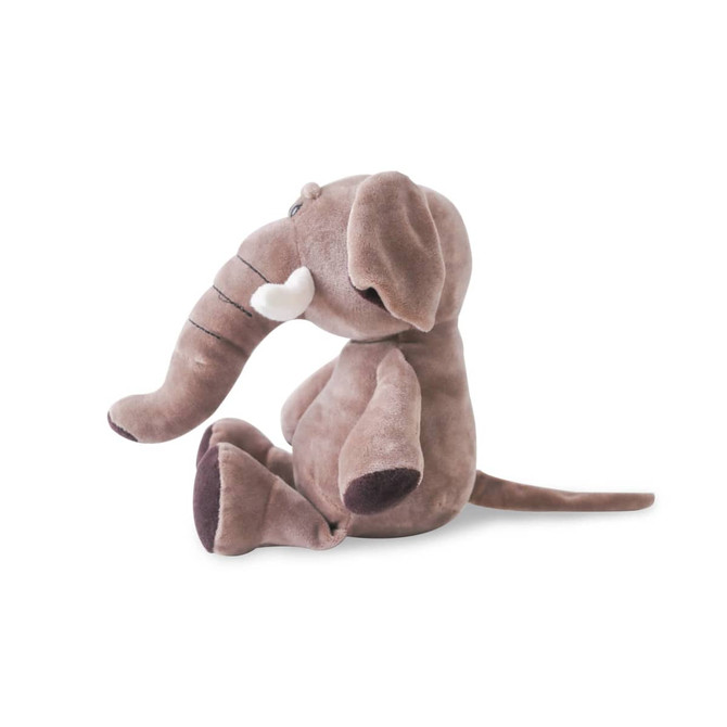 A brown plush elephant toy with soft features, including tusks and a curved trunk, sitting upright.