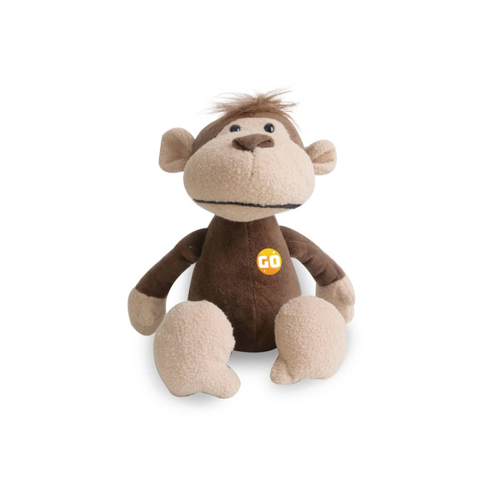 A brown and beige monkey plush toy with a friendly face, featuring a small logo on its chest.