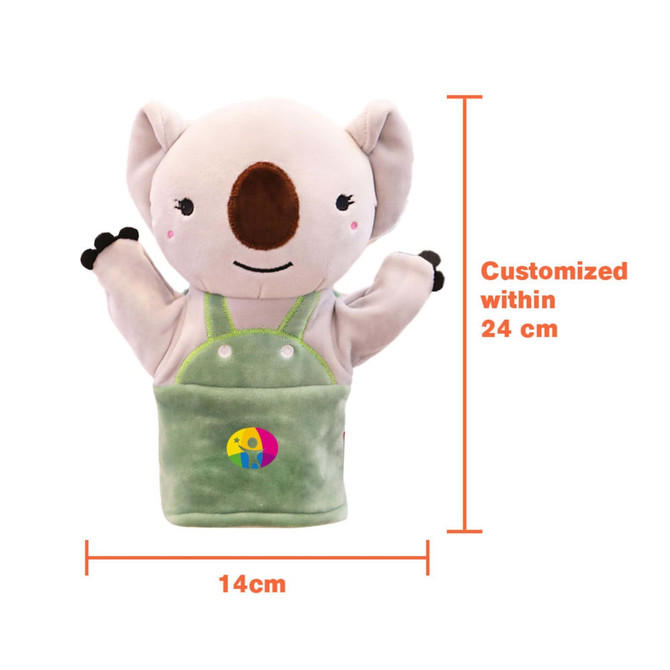 A plush hand puppet featuring a koala design, primarily in grey with green overalls and a colourful logo.