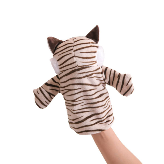 A plush tiger hand puppet with brown and white stripes, featuring cute ears and a soft texture.