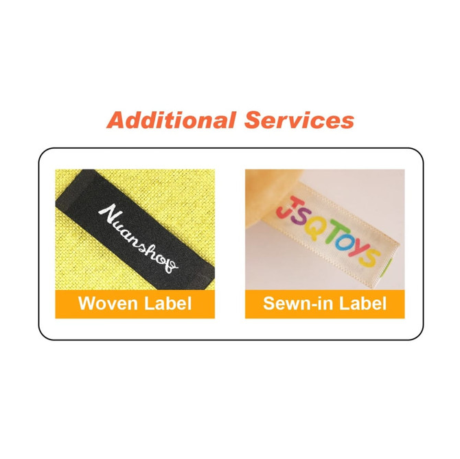 A promotional image featuring a woven label with a logo and a sewn-in label in vibrant colours on a yellow background.