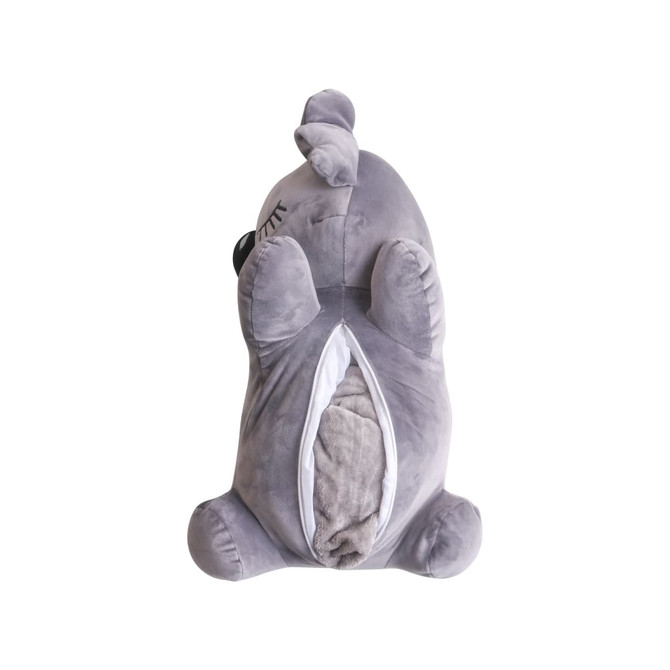 A grey animal plush toy with a soft blanket tucked inside its belly, featuring black eyes and a cute expression.