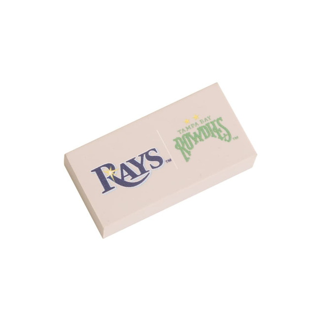 A rectangular white eraser featuring a logo, suitable for writing and drawing.