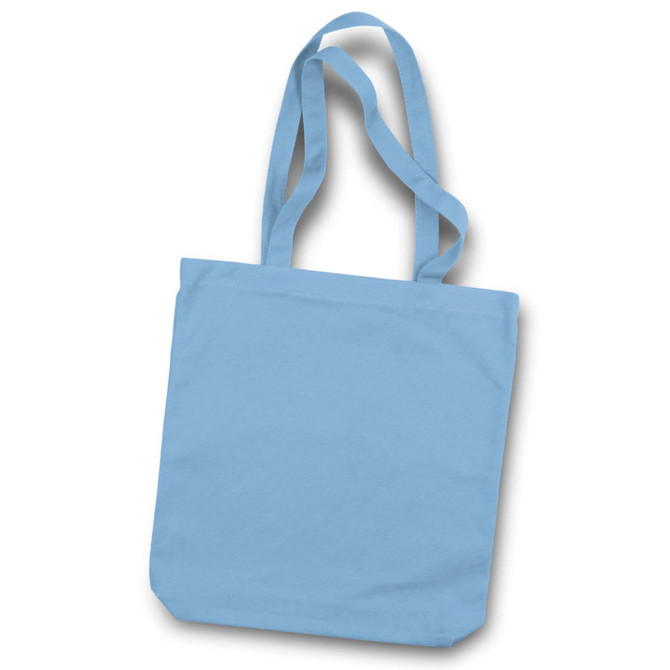 A light blue canvas tote bag with two shoulder straps and a simple design. It has a logo.