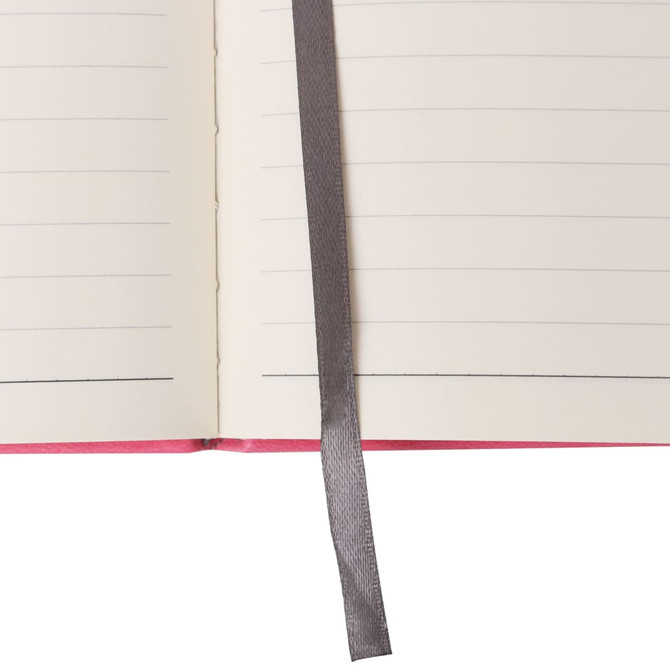 A5 PU cover notebook featuring lined pages and a grey ribbon bookmark, with a vibrant pink exterior.