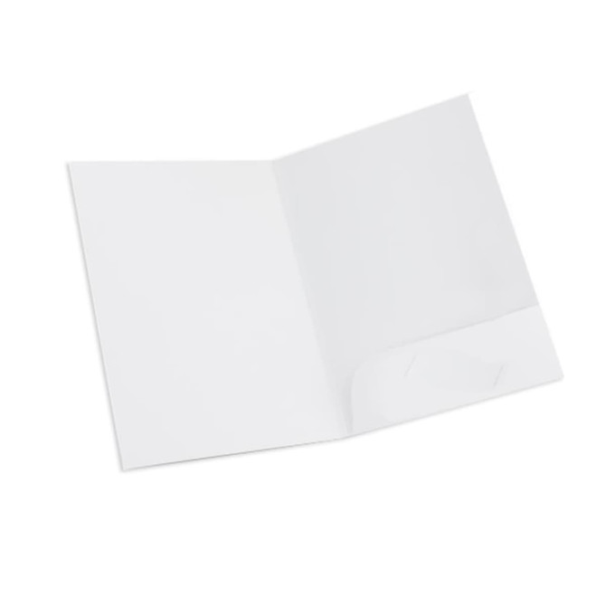 An A4 presentation folder in white, featuring an internal pocket and a logo. Ideal for holding documents.
