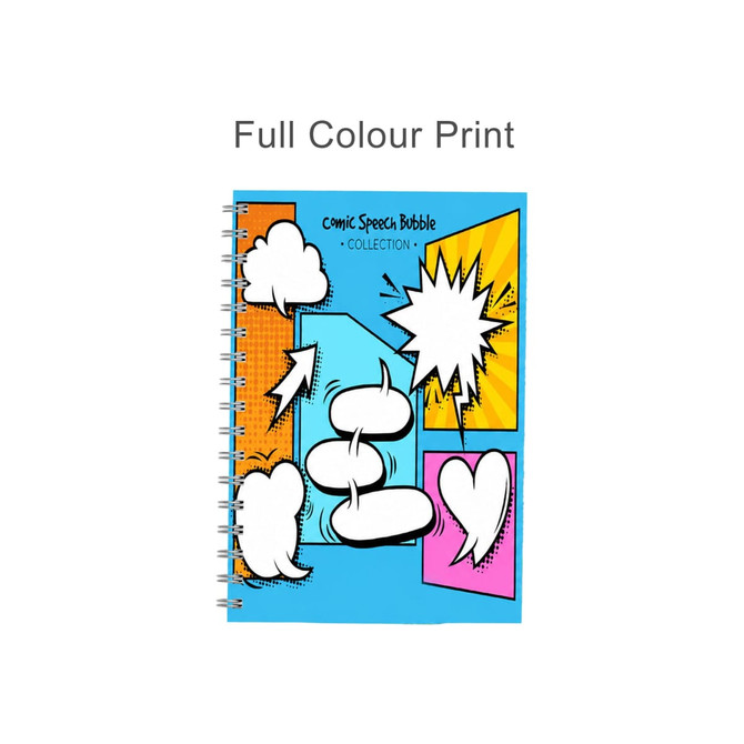 A5 notebook with a bright, full colour print featuring comic-style speech bubbles on a blue background. Wiro binding included.