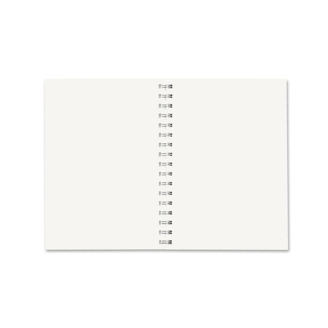 A B5 full colour wiro binding notebook with blank white pages and a silver metal spiral binding.