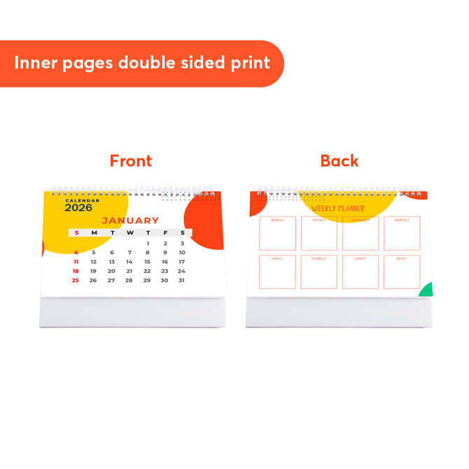 A desk calendar featuring a vibrant design with red, yellow, and white colours, showcasing months and a weekly planner.