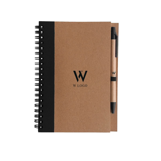 A Kraft notebook with a black spiral binding and a matching ballpoint pen, featuring a logo on the cover.