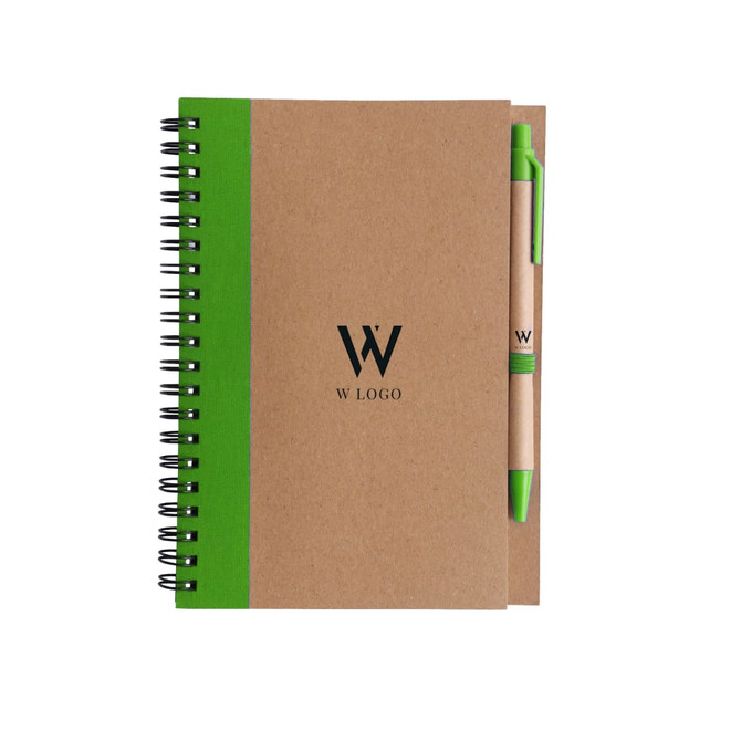 A Kraft notebook with a green spine and a matching ballpoint pen, featuring a logo on the cover.