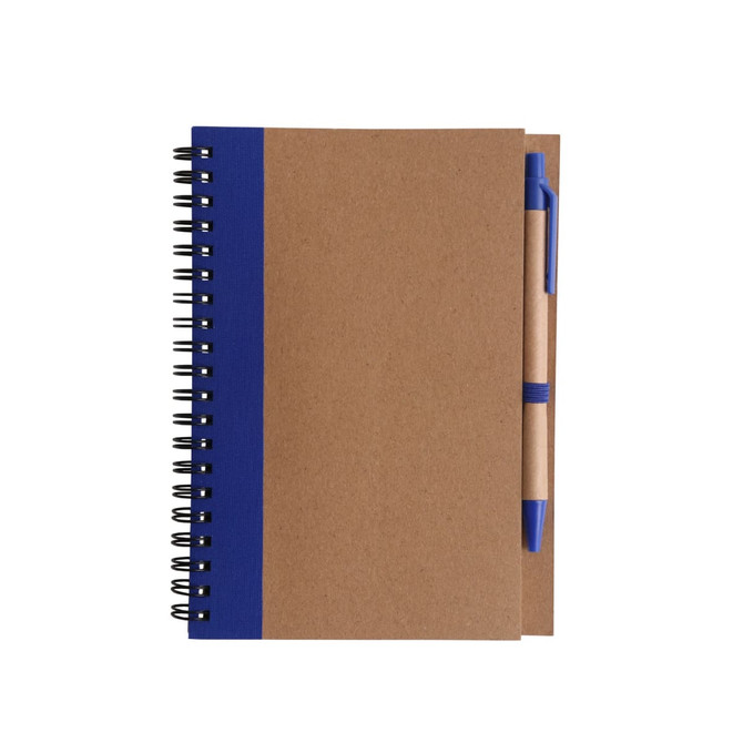 Kraft notebook with a blue cover and a matching blue ballpoint pen attached, featuring a spiral binding.