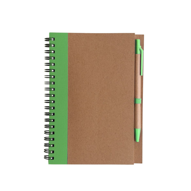Kraft notebook with a green spine and matching ballpoint pen, featuring a spiral binding.