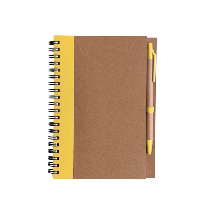 A Kraft notebook with a yellow spine and a matching ballpoint pen attached.