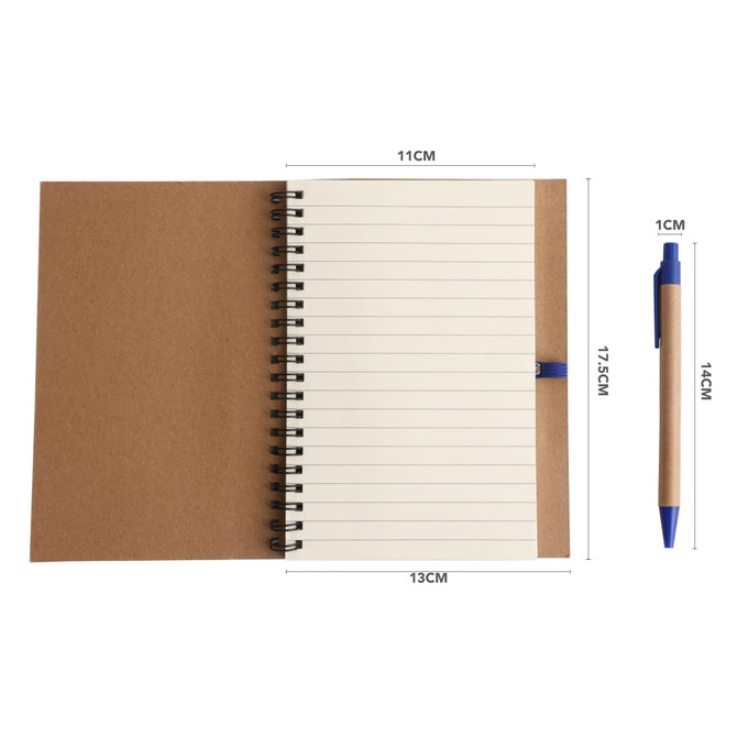 A kraft notebook with lined pages and a blue ballpoint pen, featuring a spiral binding and natural brown cover.