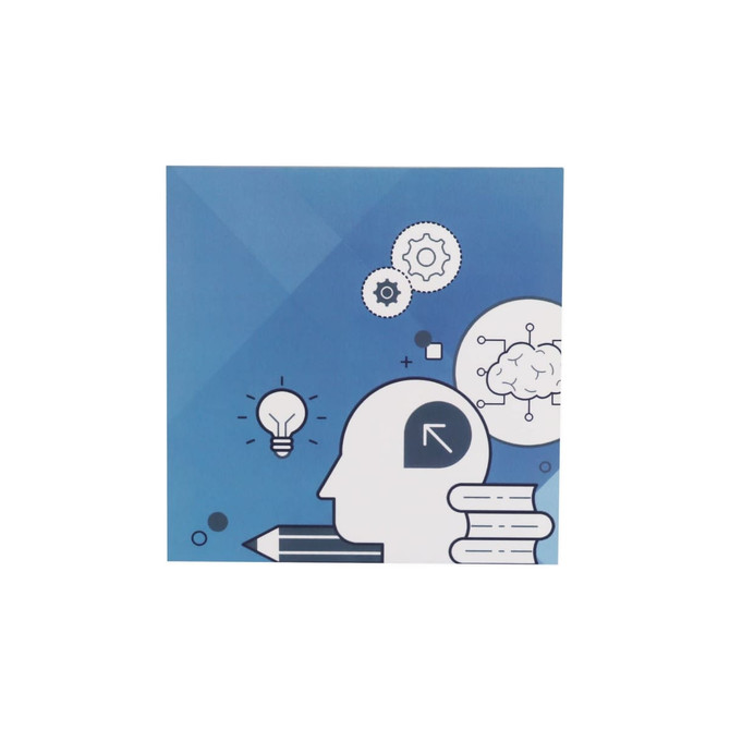 A blue sticky note pad featuring illustrations of a head silhouette, gears, a pencil, and books.