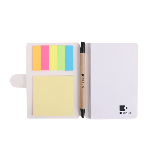 A sticky note wallet featuring a yellow sticky pad, vibrant flags in pink, green, and blue, and a brown pen.