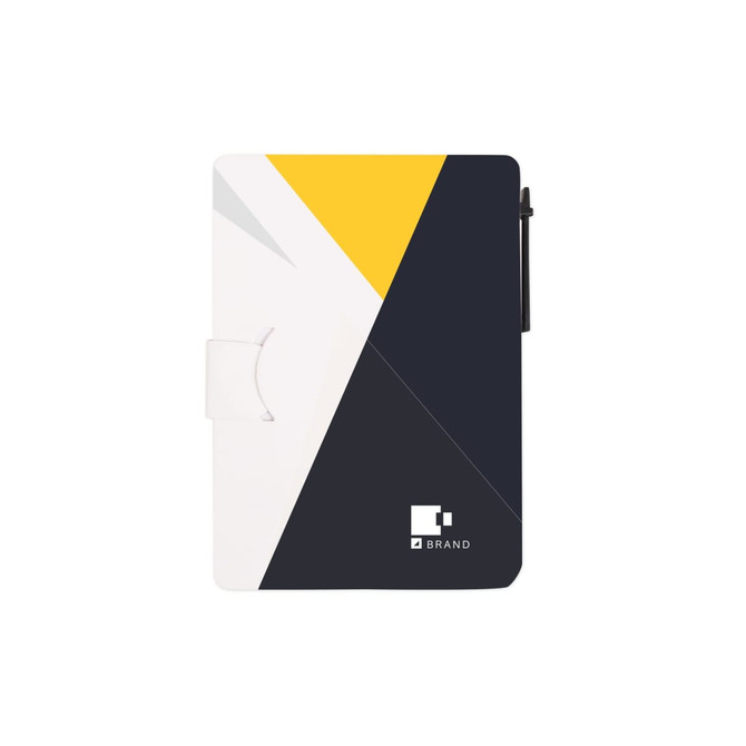 A sticky note wallet in white, yellow, and navy with a pen, featuring a brand logo on the front.