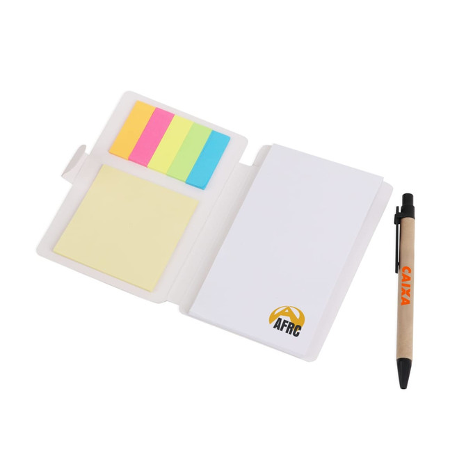 A sticky note wallet featuring yellow, pink, blue, and green sticky notes, with a pen beside it. It includes a logo.