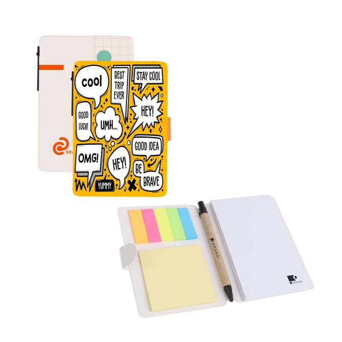 A colourful yellow sticky note wallet featuring various graphic text, with sticky notes, flags, and a pen inside.