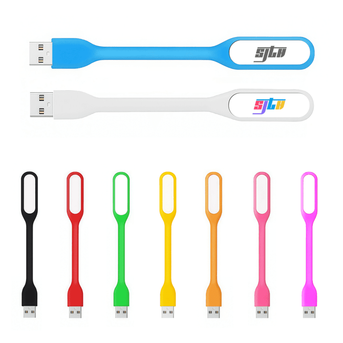 A collection of slim USB light cables in blue, white, black, red, orange, green, yellow, pink, and purple, featuring branding.