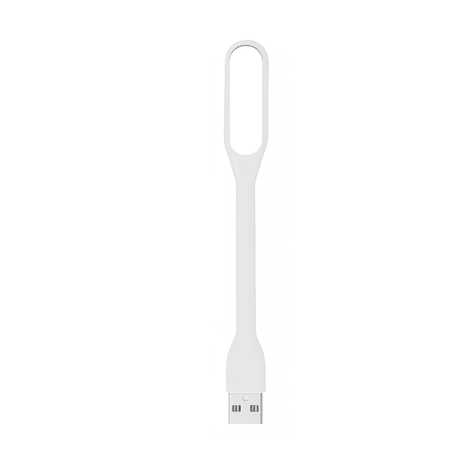 A white USB light with a flexible design, featuring a looped top and a standard USB connector.