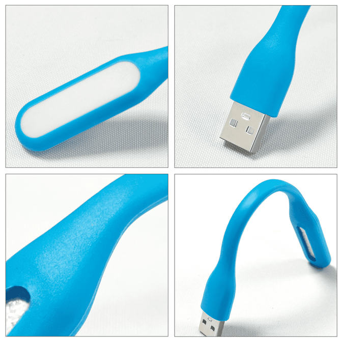 A flexible blue LED light with a USB connector, featuring a smooth surface and a curved design.