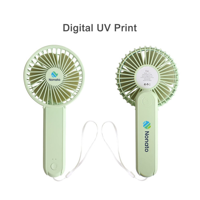 A foldable USB handy fan in light green with a branding logo, showcasing front and back views.