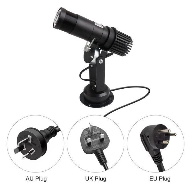 A black 25W LED logo projector light with adjustable mounting and different plug options displayed beneath it.