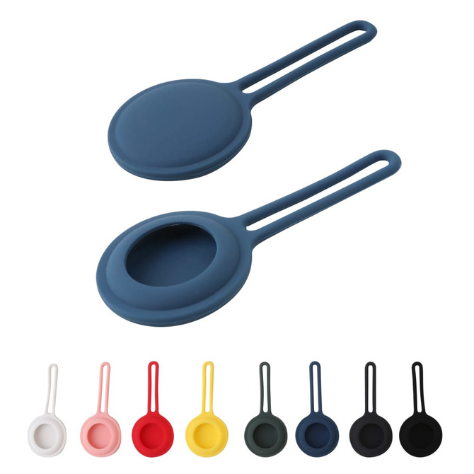 Two silicone strainers in navy blue, with additional strainers in red, yellow, white, and black below.