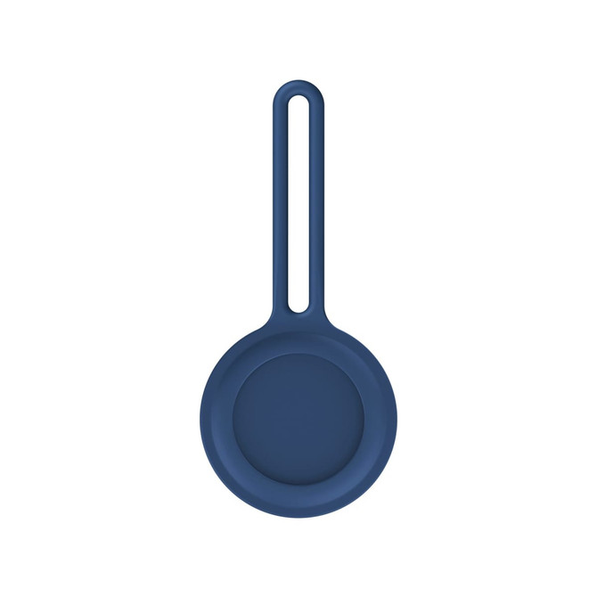 A navy blue protective case for an Air Tag, featuring a round design with a loop for attachment.