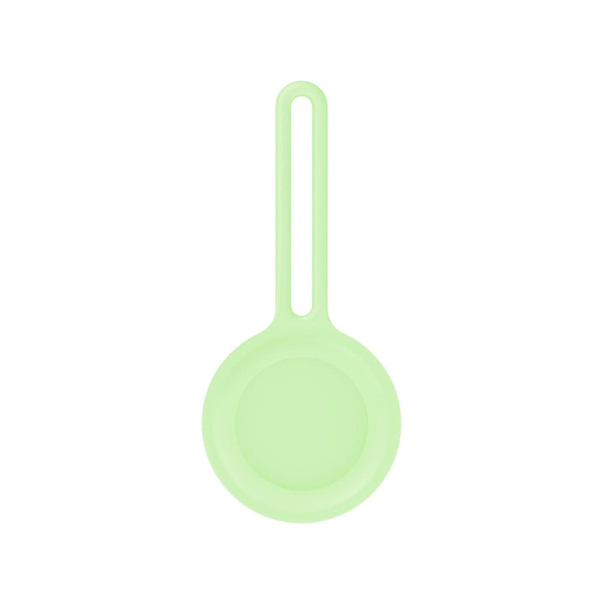 A light green Air Tag protective case with a circular design and a loop handle for easy attachment.