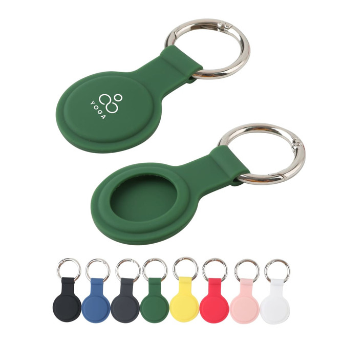 A green silicone protective case for an Air Tag, featuring a keyring, alongside various coloured cases.