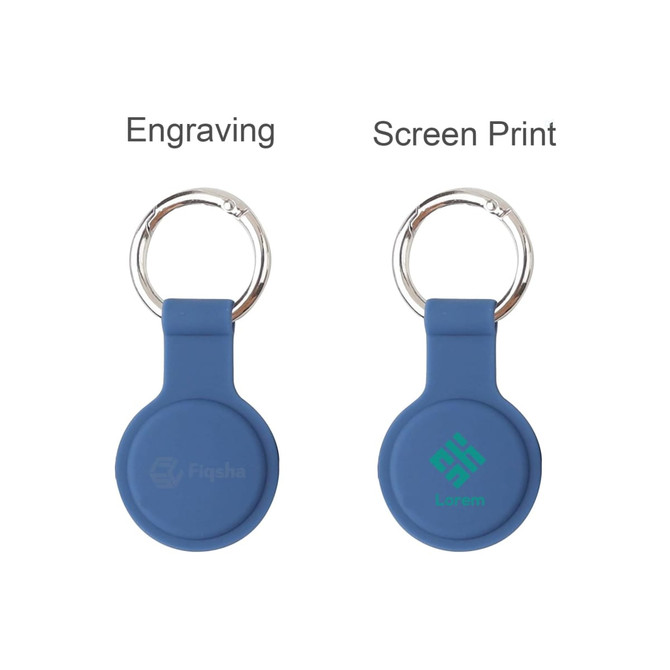 A blue Air Tag protective case with a keyring, featuring two design options: engraving and screen print.