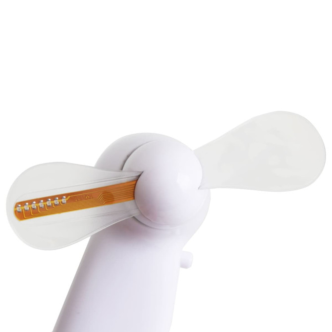 A white LED message fan with clear blades and an orange display section, designed for tech use.