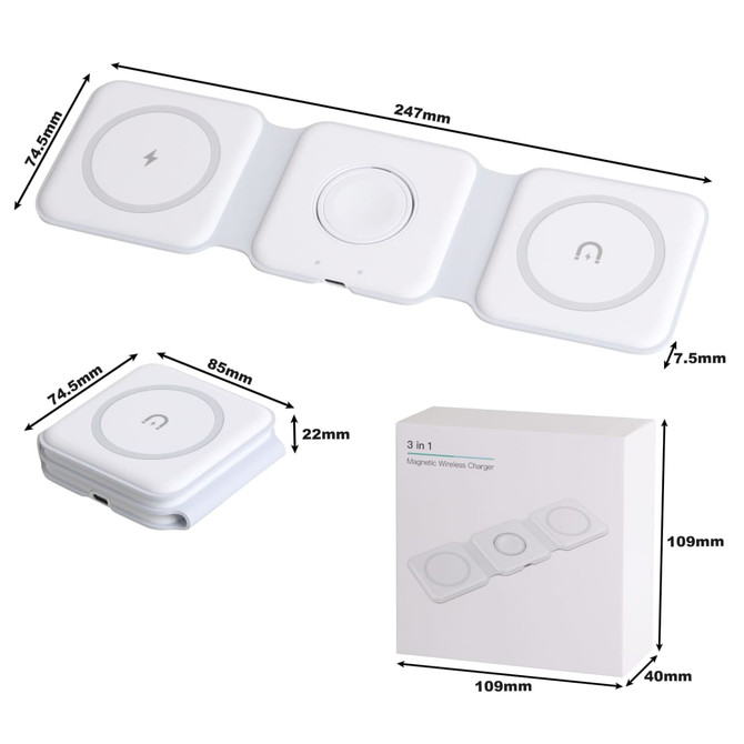 A foldable, white 3-in-1 MagSafe wireless charger with dimensions and a sleek design. It features a logo.