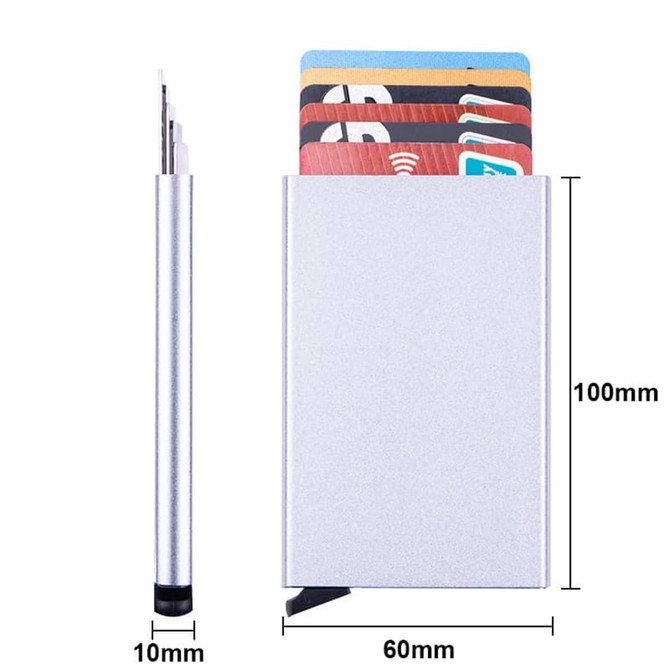 A silver metal RFID card holder displaying several cards inside and a slim profile alongside.